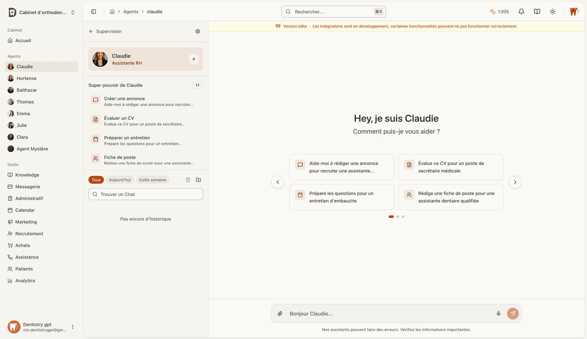 DentistryGPT Dashboard - Interface de conversation avec les agents IA