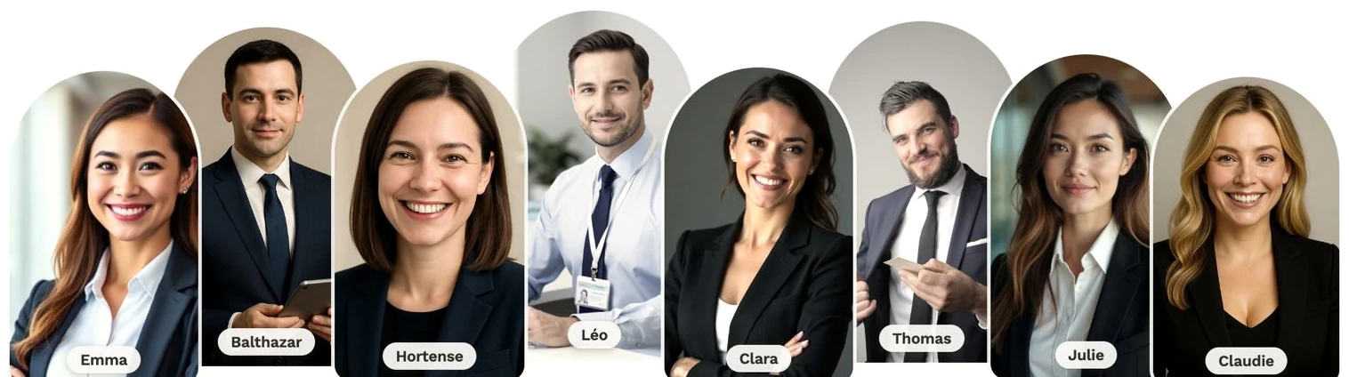 Les 8 assistants IA DentistryGPT : Emma, Balthazar, Hortense, Léo, Clara, Thomas, Julie et Claudie